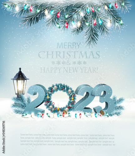 Christmas Holiday Background background with 2023 and wreath. Vector.