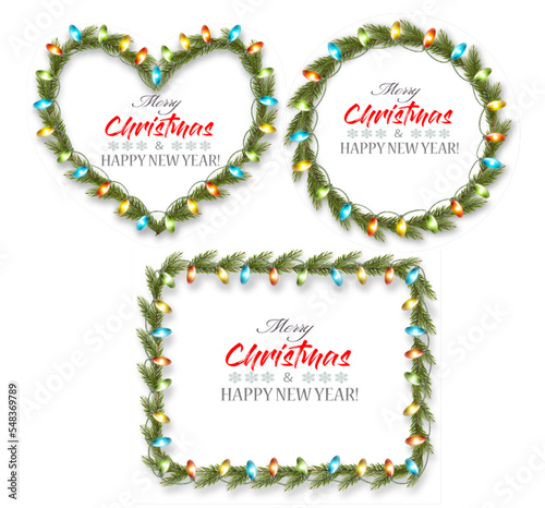 Christmas tree branches and garland with colorful light bulbs the shape of a heart and a ring and rectangle. Transparent decorative garland. Xmas light border effect. Holiday decor element.  Vector.