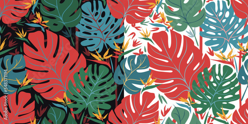 Seamless vector tropical pattern with monstera leaves and strelitzia flowers. Set of multicolored floral prints on a dark and white background.