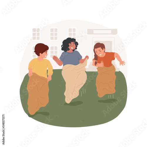 Sack racing isolated cartoon vector illustration. Fun fair activity, kids jumping in bags, racing in sacks, school carnival sport game, summer celebration, laughing children vector cartoon.