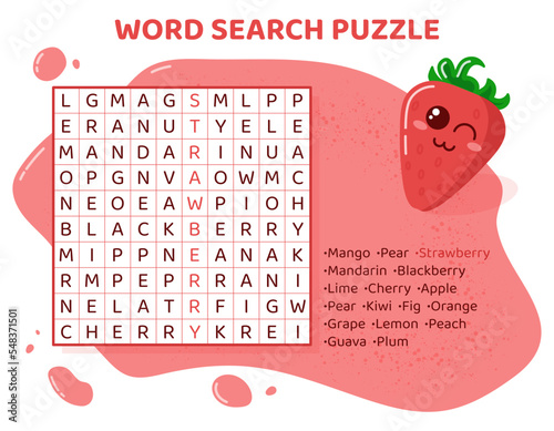 Konstfotografi Word search puzzle with fruits and berries.