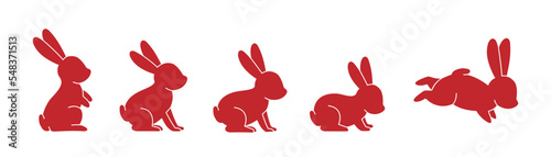 Red Rabbits set. Bunny symbols. Hare silhouette. Farm animal icon