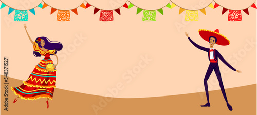 Aztec people and mexico culture vector illustration, tribal warrior character stand near pyramid, man in sombrero, woman dance