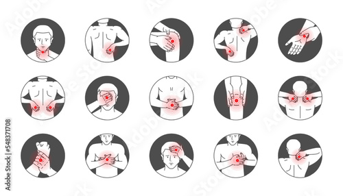 Pain and injury on different body parts. Body pains sketch set. Ache in head, neck, shoulder, knee, chest, abdomen, wrist, back, elbow.