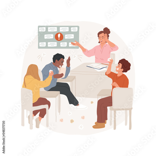 List of bad behavior isolated cartoon vector illustration. Students throwing papers at each other, teacher holding head, pointing to list class rules, stop sign, misbehaving vector cartoon.