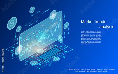 Market trends analysis, financial statistics, stock exchange analytics flat 3d isometric vector concept illustration