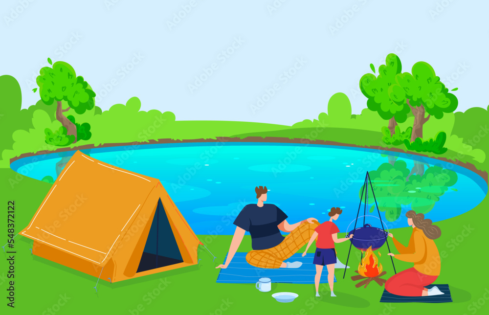 Young family on a picnic cooking dinner together on a campfire at nature, travel recreation near lake vector illustration.