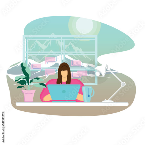 Freelance people work in comfortable conditions vector flat illustration. Freelancer character working from home or beach at relaxed pace, convenient workplace. Man and woman self employed concept