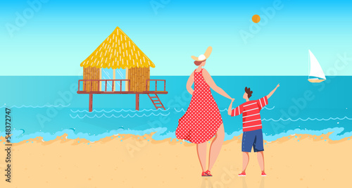 Family near ocean water, vector illustration. Flat woman boy character rest at sea shore, mother son kid at summer vacation, look at stilt house