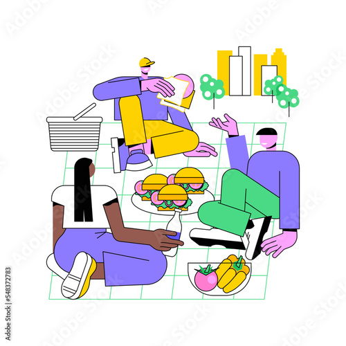 Urban picnic isolated cartoon vector illustrations. Group of friends have picnic in the city park, snacking and drinking juice, people urban lifestyle, summer weekend together vector cartoon.