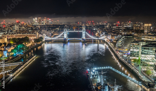 London at night, an aerial view on UK capital, the mixture of modern, classical and business architecture