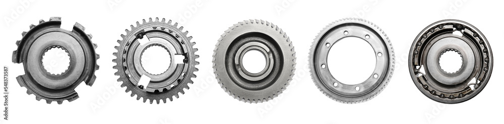 Set with different stainless steel gears on white background, top view. Banner design Set with different stainless steel gears on white background, top view. Banner design