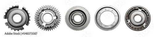 Schilderij op canvas Set with different stainless steel gears on white background, top view