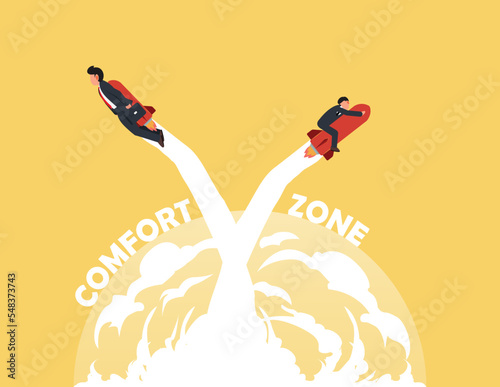 Step out of comfort zone, start new business journey concept. Brave two businessman rides a rocket out of his comfort zone for new success.
