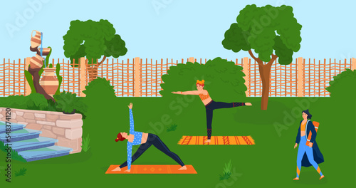 Woman in group do yoga at nature, person group in park outdoor vector illustration, female people character lifestyle, young girl yoga club sport training.