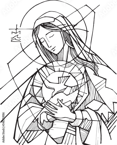 Hand drawn illustration of Virgin Mary and the Holy Spirit.