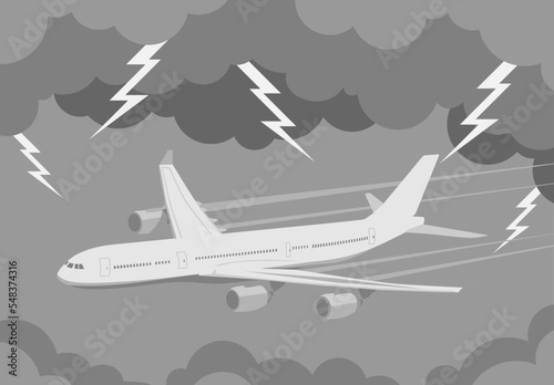 A white plane that is surrounded by storms and lightning flashes