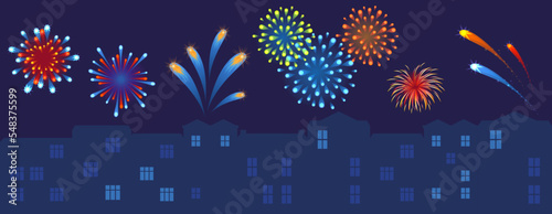 Night city fireworks, holiday festival, rejoicing sky skyline, party anniversary flash, design, cartoon style vector illustration.