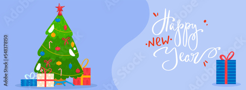 Celebration christmas, main decoration holiday, set winter banners, cozy traditional interior, cartoon style, vector illustration.