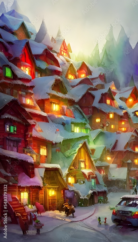 Fototapeta premium In the picture, there is a village with houses made of gingerbread and candy. The rooftops are dusted with snow and there are trees decorated with lights and ornaments. In the center of the village is