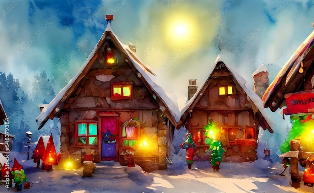 I see a group of gingerbread houses that are decorated with candy canes, gumdrops, and frosting. There is a big sled in the center of the village with presents piled high. Reindeer are pulling the sle