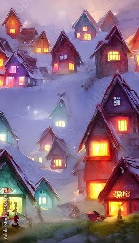 In the picture, there is a village with houses made of candy and gingerbread. The roofs are lined with snow and there are Christmas lights everywhere. Santa Claus is in his workshop, making toys for a