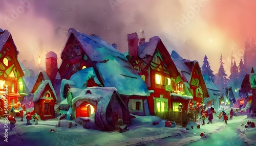 A village made entirely of gingerbread houses, with colorful candy decorations and snow on the ground. Santa Claus is in his workshop, surrounded by elves making toys.