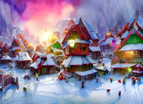 The Christmas village is a festive place with many pretty lights. The air smells of pine and there's a feeling of excitement in the air. Santa and his elves are busy at work, wrapping presents and get