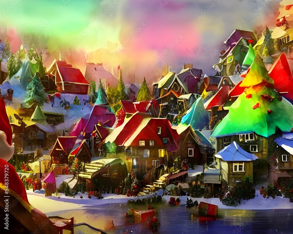 Obraz premium In the middle of a wintry forest there stands a small wooden village. The houses are all different sizes and colours, with little pathways in between them leading up to cosy-looking front doors. Thick