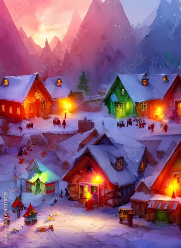 I am in Santa Claus village. It is a cold place with lots of snow. There are many houses and shops here. I see a big red house with a chimney. That must be Santa's house!