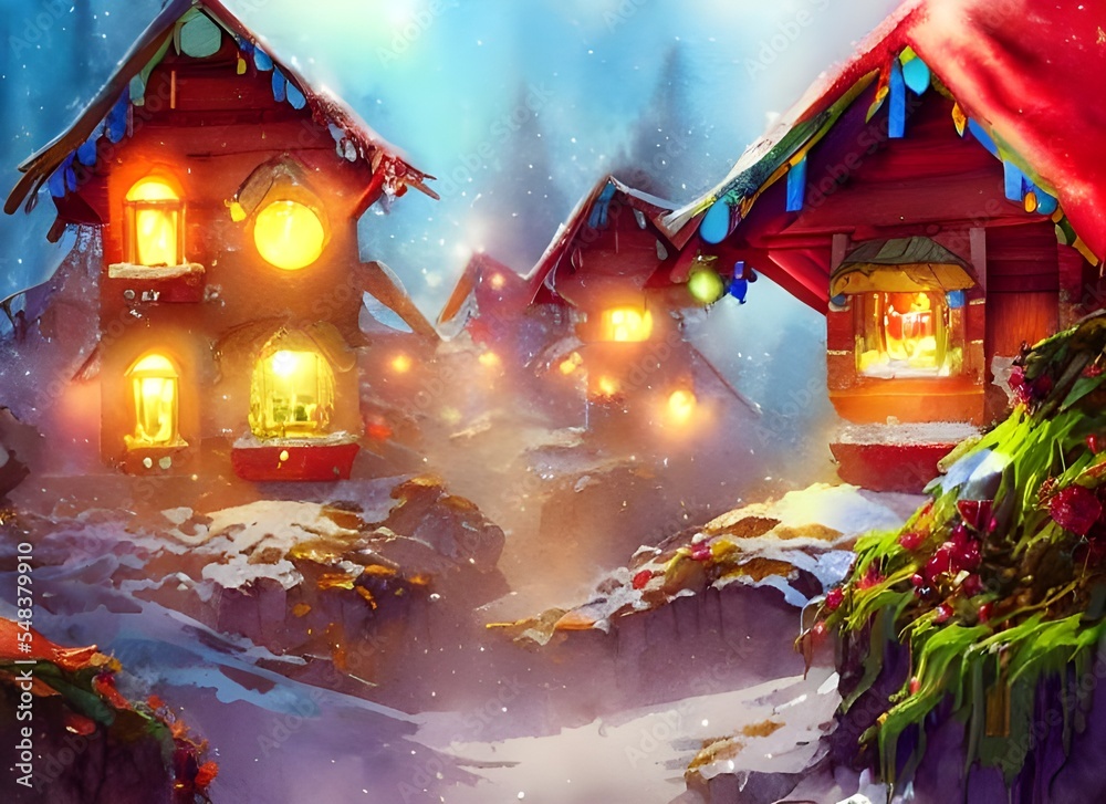In the picture, there is a village with houses made of gingerbread and candy. The roofs are covered in snow and there are Christmas trees everywhere. Santa Claus is standing in the middle of the villa