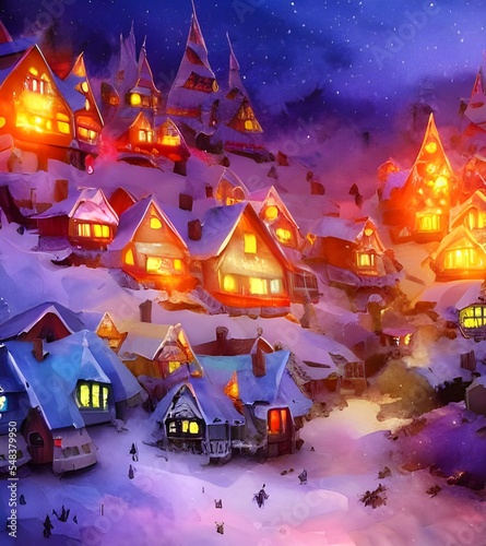 I am looking at a picturesque scene of Santa Claus village. The buildings are all traditional log cabin style, with snow piled high on the roofs and smoke coming from the chimneys. There is a large ce