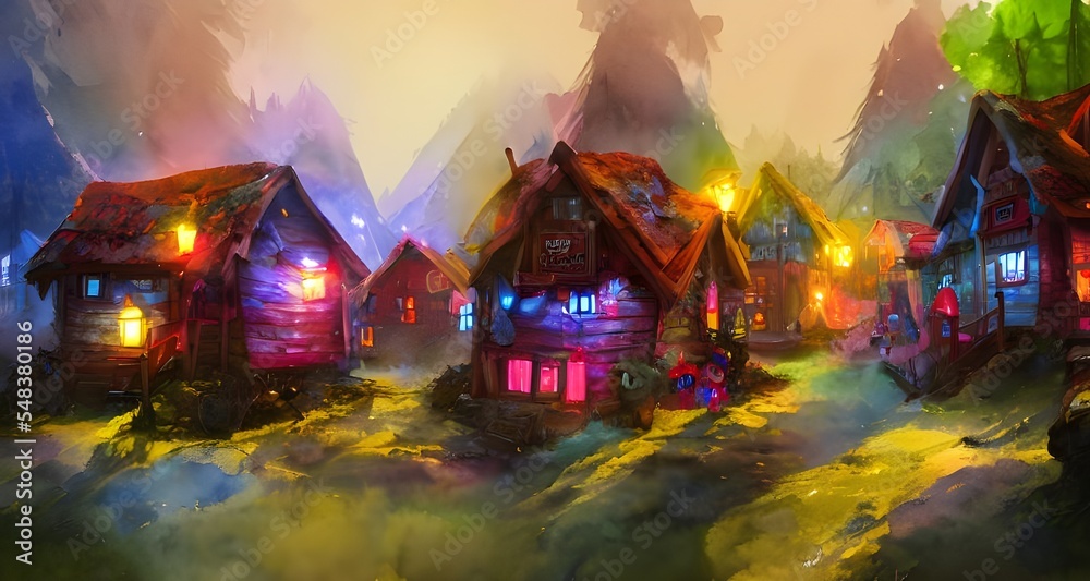 Obraz premium In Santa Claus village, there are many small shops and homes. The roofs of the buildings are covered in snow, and there is a large Christmas tree in the center of town. Lights twinkle everywhere, and 