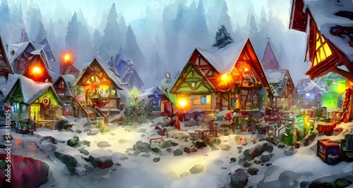In the picture  there is a village with houses made of candy and gingerbread. The roofs are covered in snow  and lights shine from the windows. There is a big Christmas tree in the center of the villa
