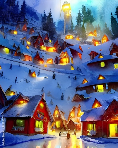 In the photo, there is a group of people dressed as Santa Claus walking through what appears to be a village made entirely out of snow. The sky is clear and blue, and the ground is covered in pristine