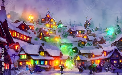 Fotografia I see a quaint village with candy cane houses and frosted roofs