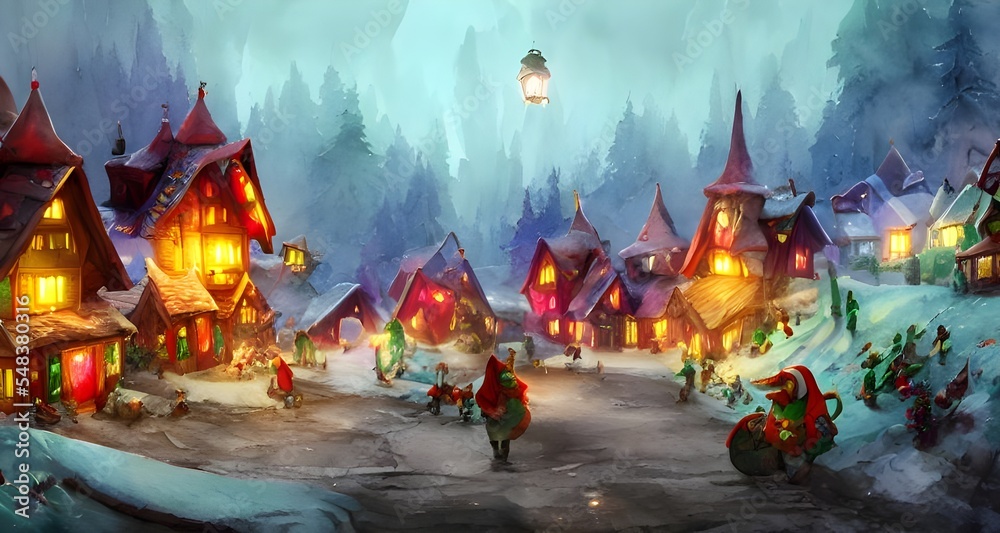 The sun is shining down on the snow-covered Santa Claus village. The houses are all different colors, with smoke coming out of their chimneys. In the center of the village is a large Christmas tree. T