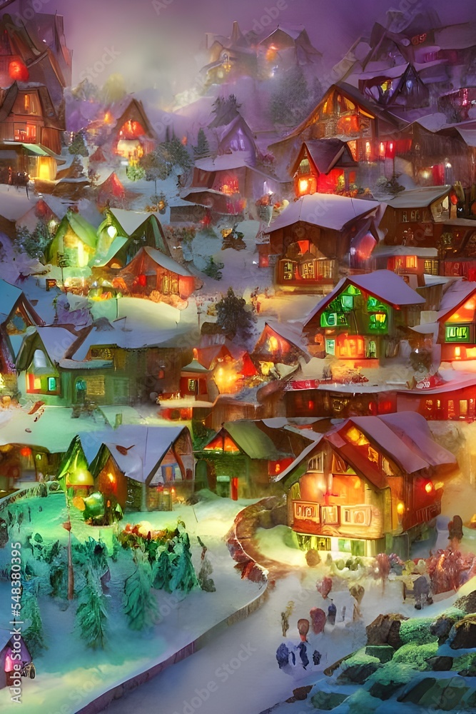 In the picture, there is a village with different shaped houses and Christmas lights. There are also people walking around in the snow.