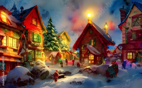 In the Santa Claus village, there are many colored lights and decorations. Christmas trees line the streets, and people are walking around in jingle bell hats. There is a big sign that says "Merry Chr © dreamyart