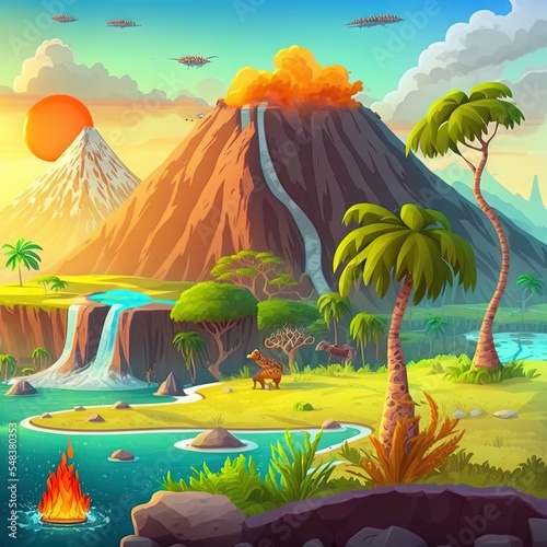 Prehistoric planet landscape cartoon style with volcano © AkuAku