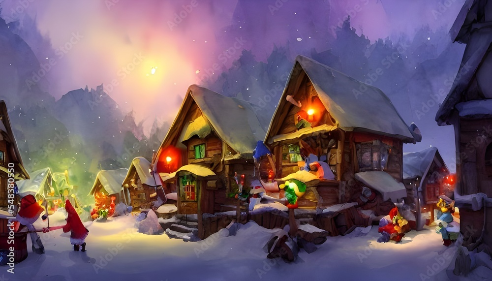 In the picture, there is a village with small houses and shops. The roofs are covered in snow and lights twinkle in the windows. There is a large Christmas tree in the center of the village and people
