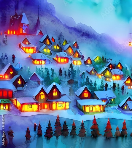 In the picture, there is a village with houses made of candy and gingerbread. The roofs are covered in snow, and lights line the streets. In the center of the village is a large Christmas tree. Santa 