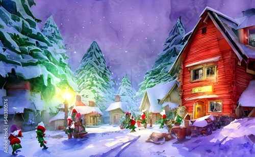The sun is shining over Santa Claus village. The houses are red and white, with smoke coming out of their chimneys. elves are running around, getting ready for Christmas. Santa himself is in his works