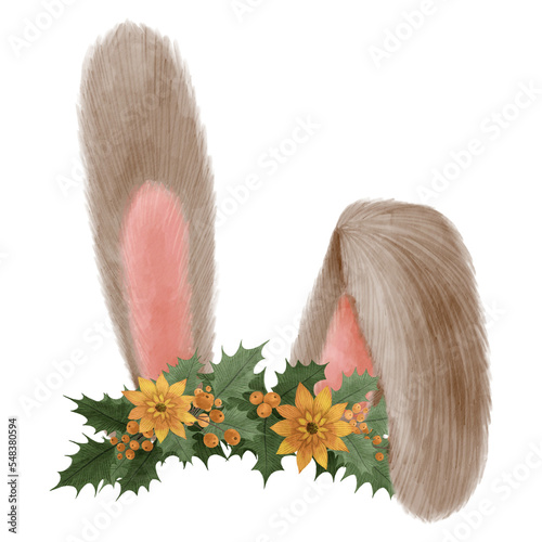 Rabbit ears with a Christmas wreath of flowers. The image of cute rabbit ears in watercolor style. Isolated clipart element.