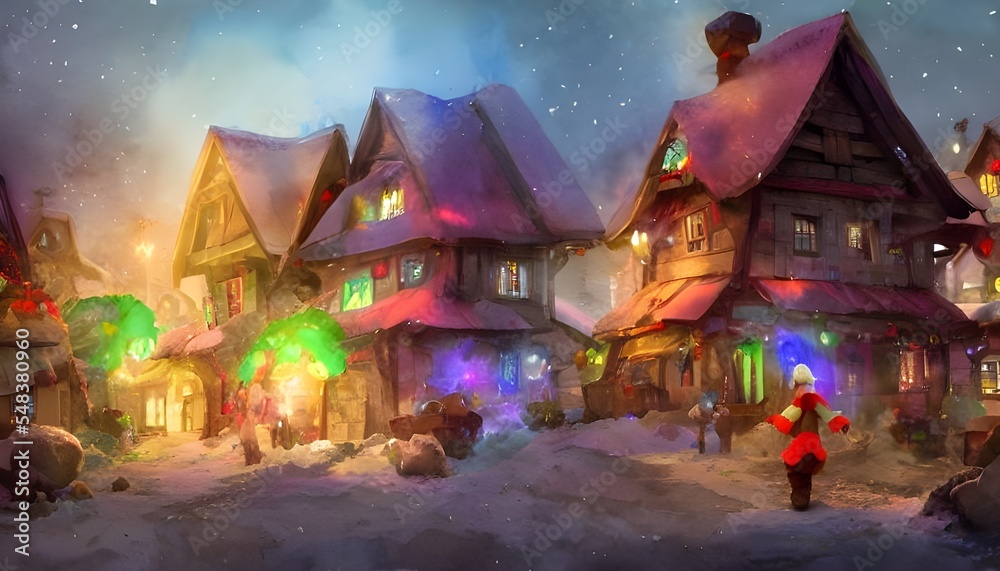 In the picture, there is a village with houses made of gingerbread and candy. The roofs are covered in snow and there are lights strung up everywhere. Santa Claus is in the center of the village, wavi