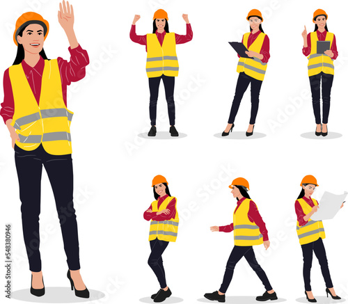 Hand-drawn set of female workers with helmets and vests. Vector flat style illustration isolated on white. Full length view