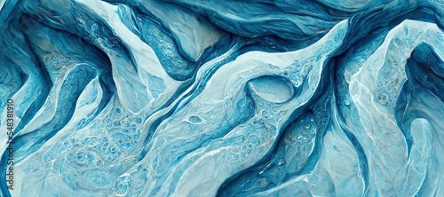 Abstract ice aquamarine blue glacier dune curves and folds, highly detailed frozen and solidified rocky surface texture. Close-up background art resource.