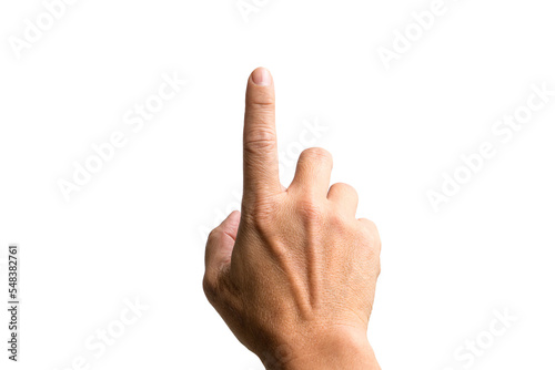 Male hand with index finger pointing up. White background.