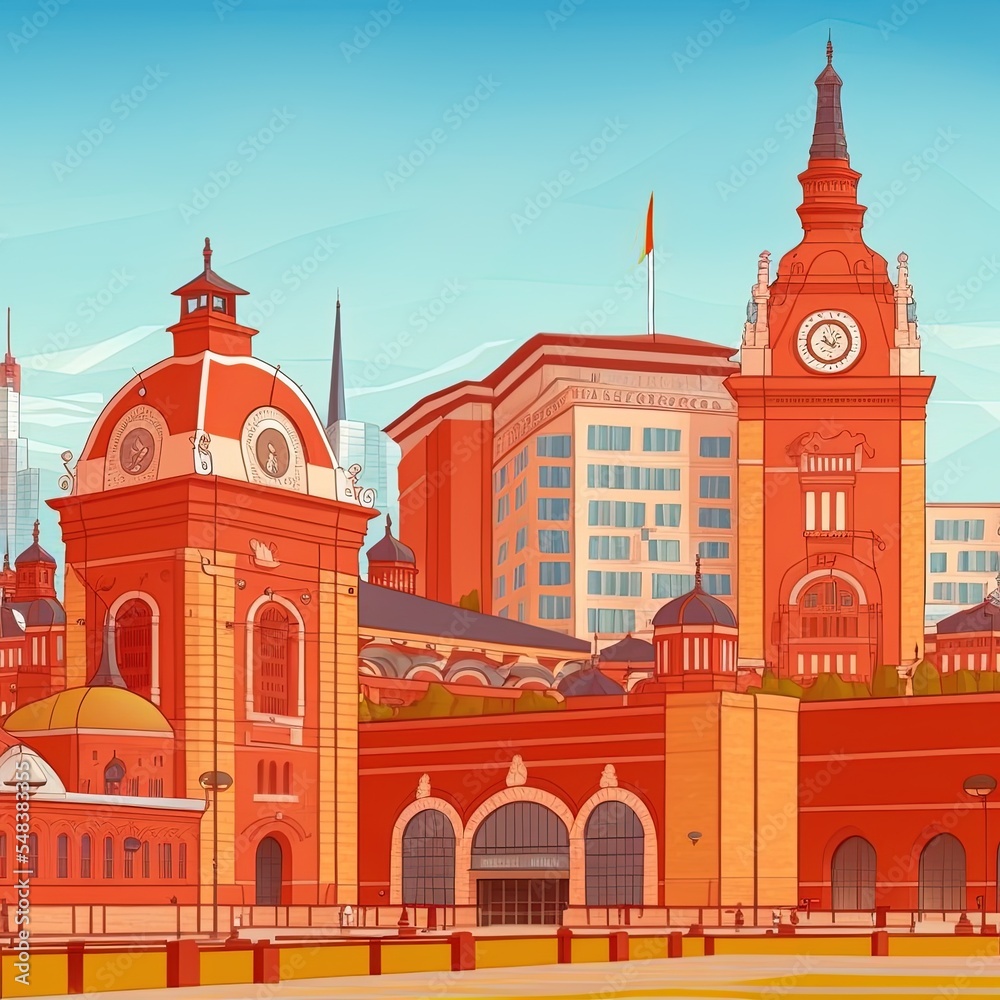 Obraz premium Red orange and yellow buildings at the international exposition in the city of zaragoza