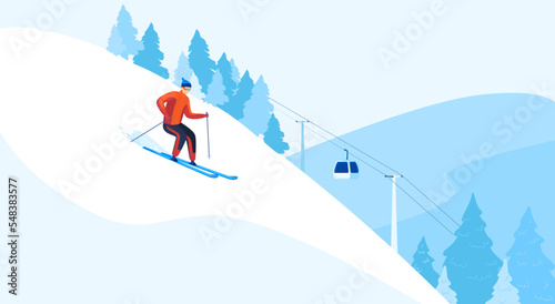 Winter fun, skiing snow, sport skier, boy skiing outdoors, cold outwardly, happy person, design, cartoon style vector illustration